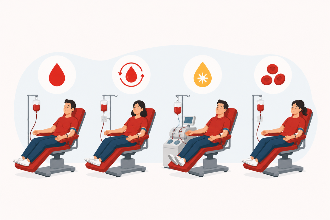 Sacche di sangue e plasma ordinate su un banco in ospedale